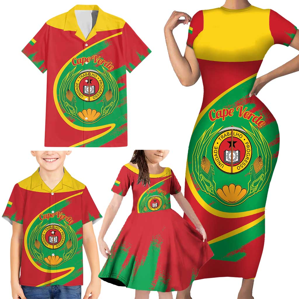 Cape Verde 1975-1992 Family Matching Short Sleeve Bodycon Dress and Hawaiian Shirt Coat Of Arms Grunge Style
