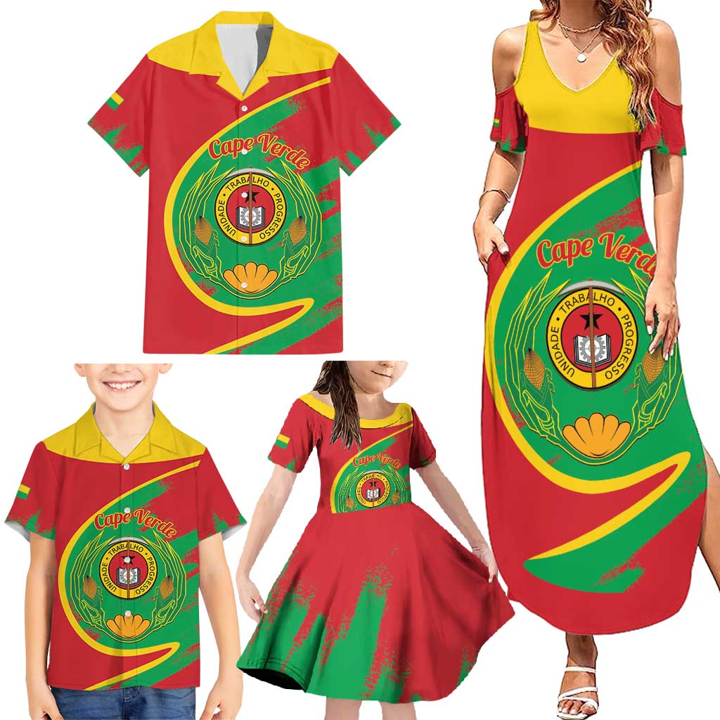Cape Verde 1975-1992 Family Matching Summer Maxi Dress and Hawaiian Shirt Coat Of Arms Grunge Style