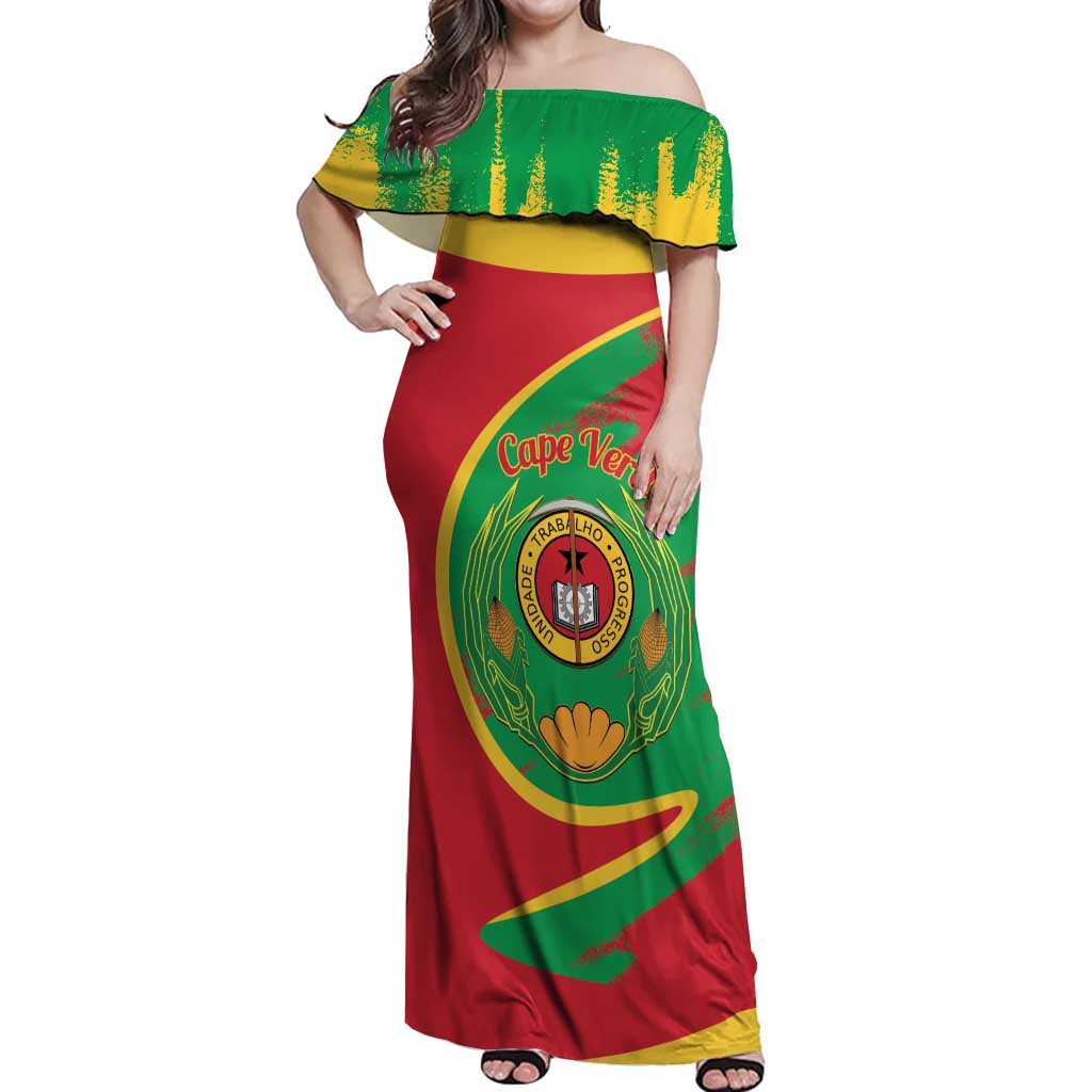 Cape Verde 1975-1992 Off Shoulder Maxi Dress Coat Of Arms Grunge Style