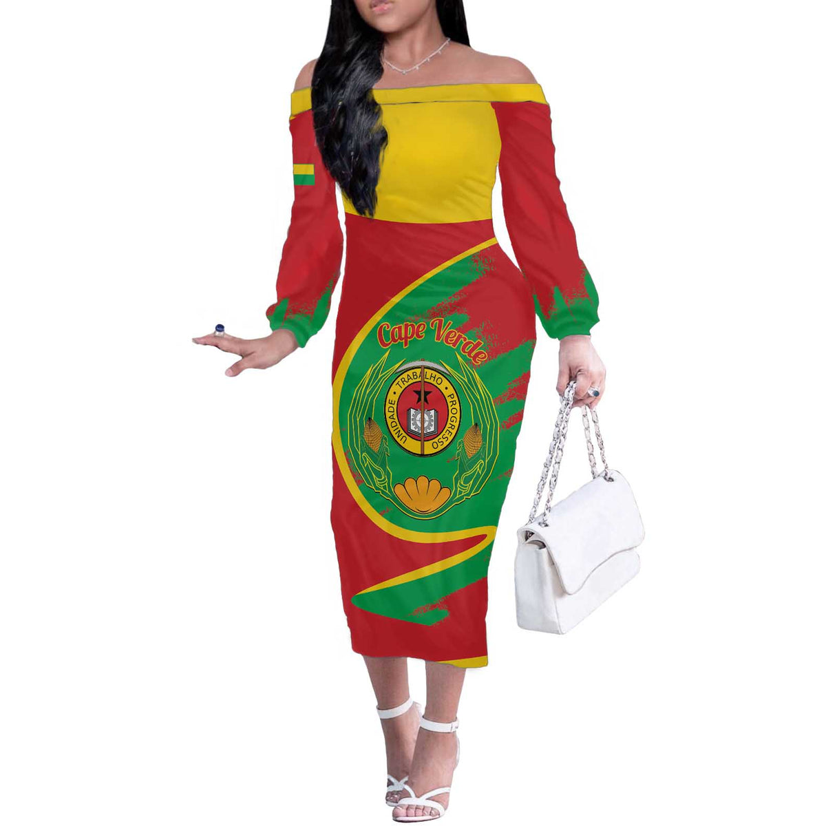 Cape Verde 1975-1992 Off The Shoulder Long Sleeve Dress Coat Of Arms Grunge Style