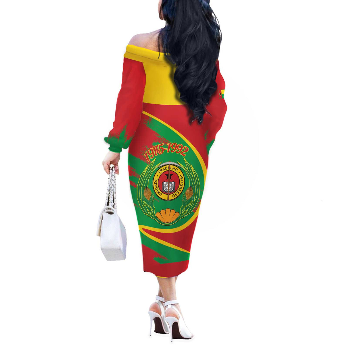 Cape Verde 1975-1992 Off The Shoulder Long Sleeve Dress Coat Of Arms Grunge Style