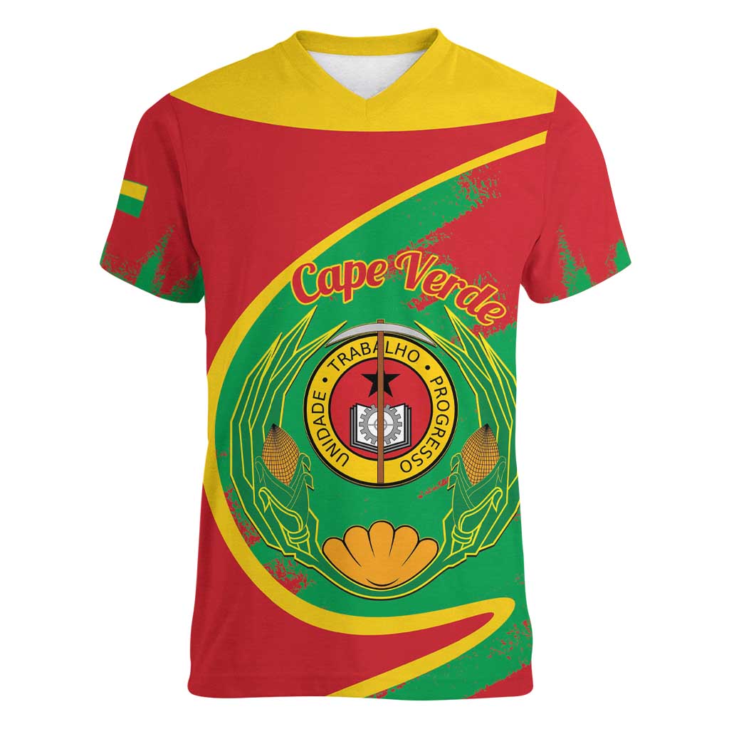 Cape Verde 1975-1992 Women V-Neck T-Shirt Coat Of Arms Grunge Style