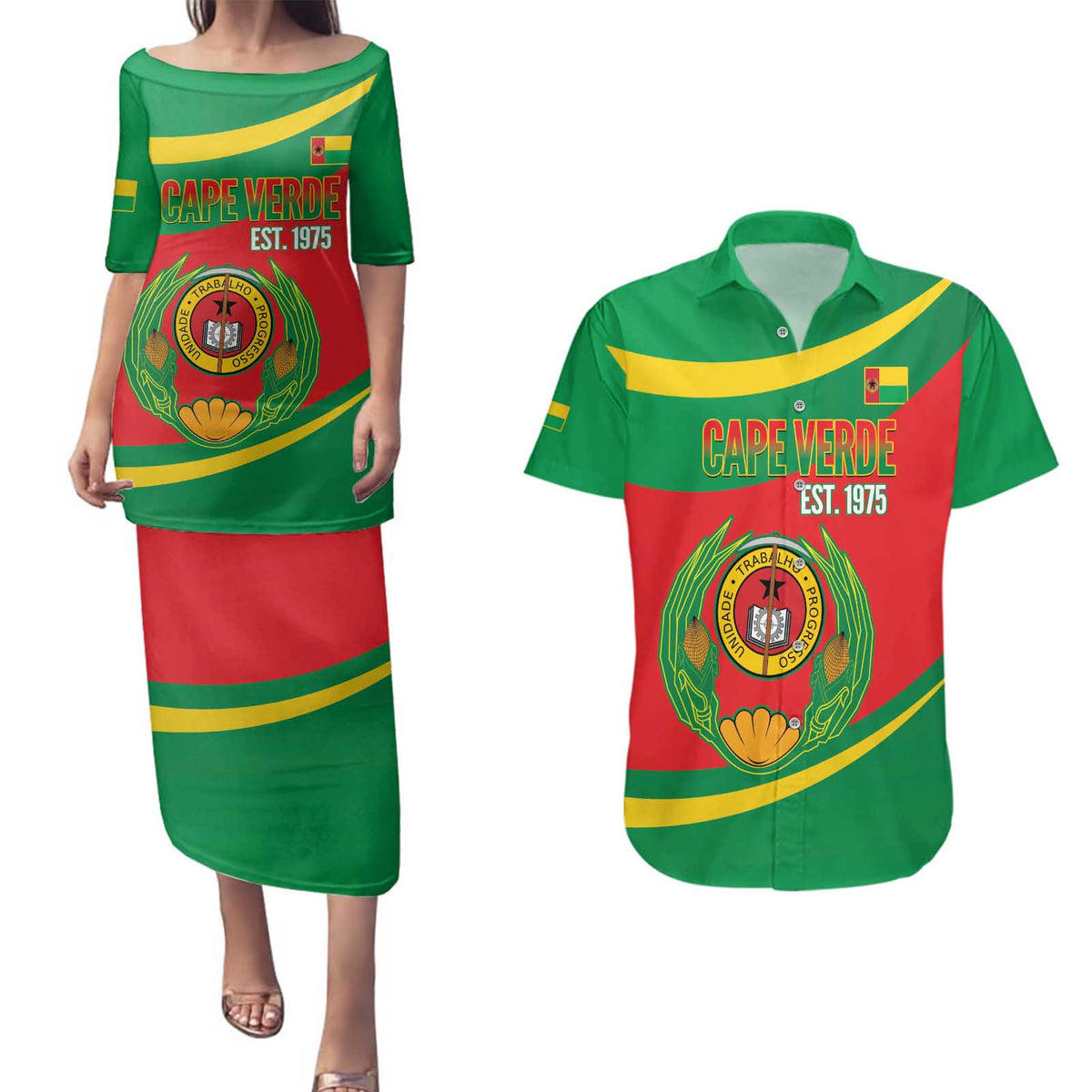 Cape Verde 1975-1992 Couples Matching Puletasi and Hawaiian Shirt Unidade Trabalho Progresso