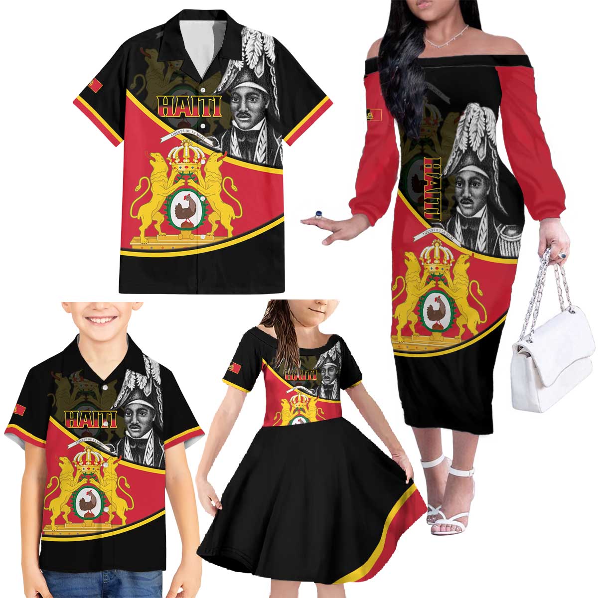 First Empire Of Haiti 1804-1806 Family Matching Off The Shoulder Long Sleeve Dress and Hawaiian Shirt Jean-Jacques Dessalines Liberte ou la Mort!