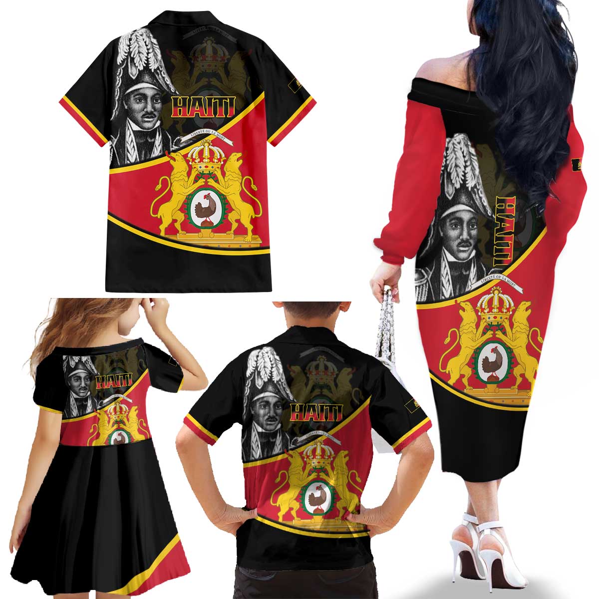 First Empire Of Haiti 1804-1806 Family Matching Off The Shoulder Long Sleeve Dress and Hawaiian Shirt Jean-Jacques Dessalines Liberte ou la Mort!