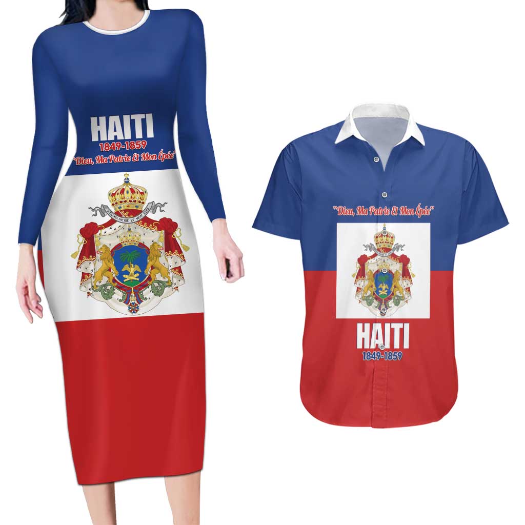 Personalised Second Empire of Haiti 1849-1859 Couples Matching Long Sleeve Bodycon Dress and Hawaiian Shirt Anpi an Ayiti Flag Style