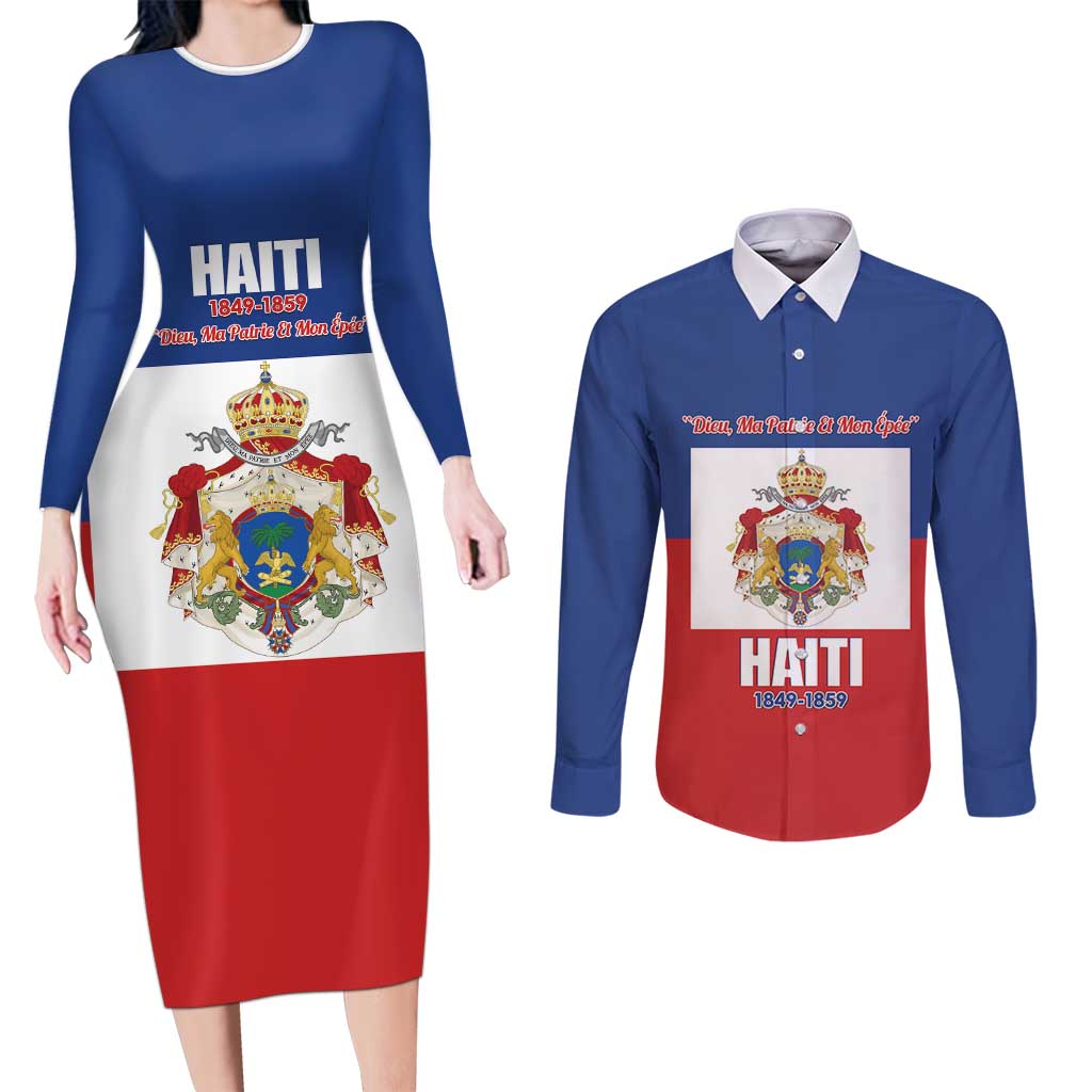 Personalised Second Empire of Haiti 1849-1859 Couples Matching Long Sleeve Bodycon Dress and Long Sleeve Button Shirt Anpi an Ayiti Flag Style