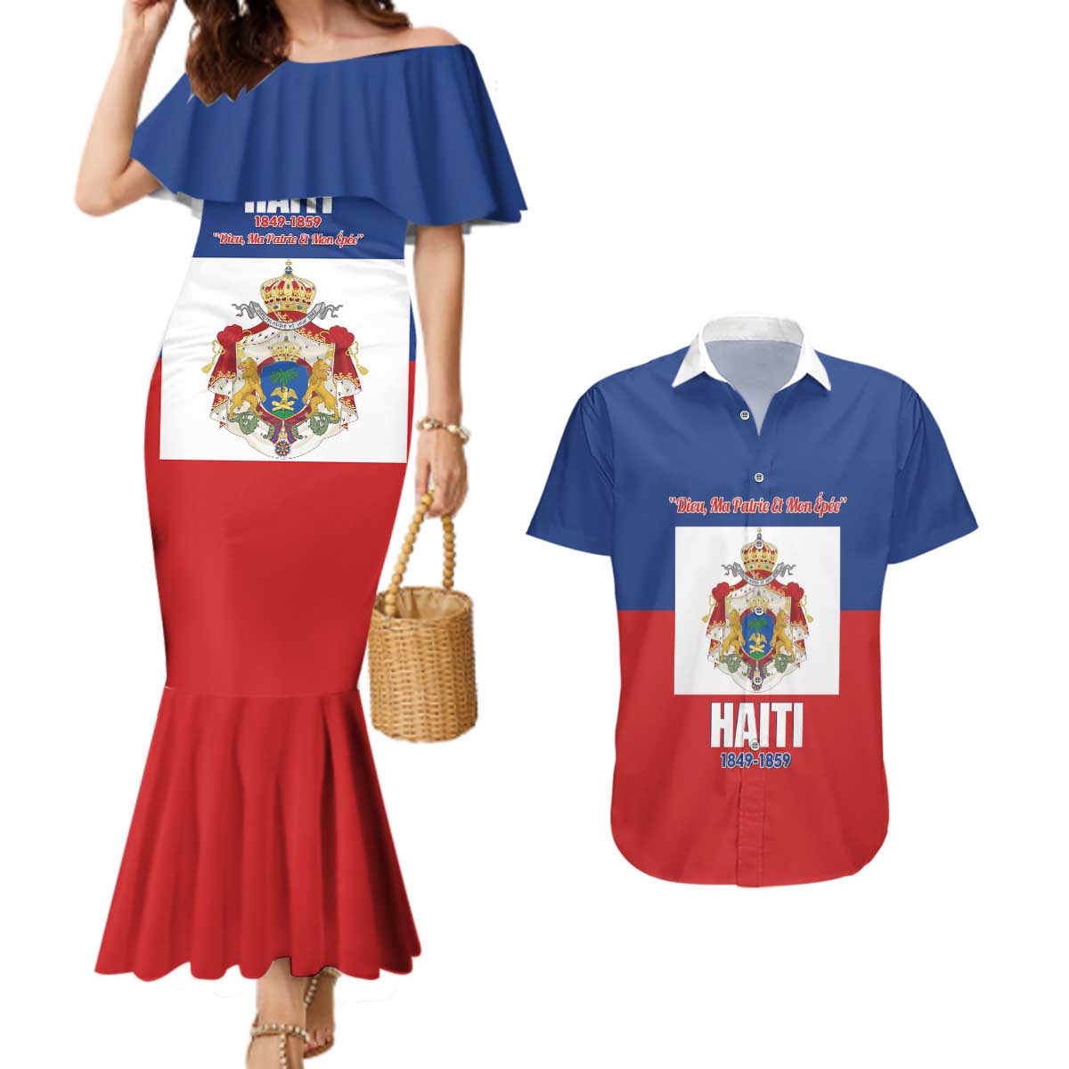 Personalised Second Empire of Haiti 1849-1859 Couples Matching Mermaid Dress and Hawaiian Shirt Anpi an Ayiti Flag Style