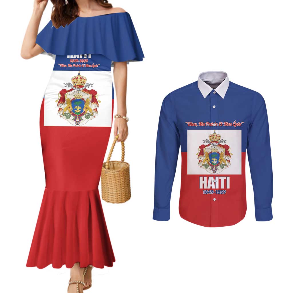 Personalised Second Empire of Haiti 1849-1859 Couples Matching Mermaid Dress and Long Sleeve Button Shirt Anpi an Ayiti Flag Style
