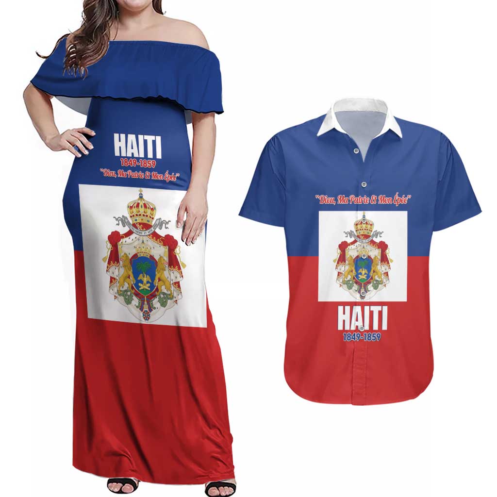 Personalised Second Empire of Haiti 1849-1859 Couples Matching Off Shoulder Maxi Dress and Hawaiian Shirt Anpi an Ayiti Flag Style
