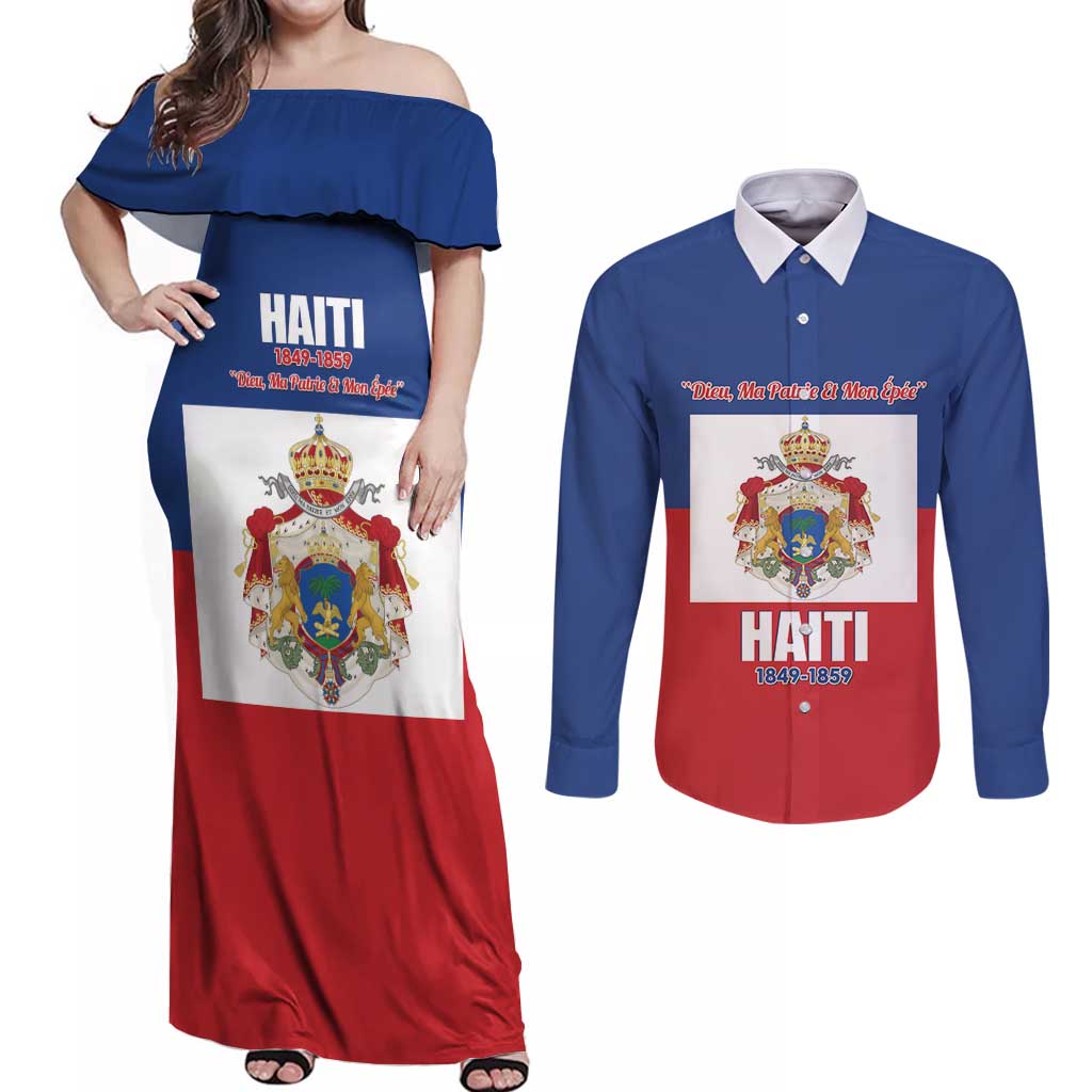 Personalised Second Empire of Haiti 1849-1859 Couples Matching Off Shoulder Maxi Dress and Long Sleeve Button Shirt Anpi an Ayiti Flag Style