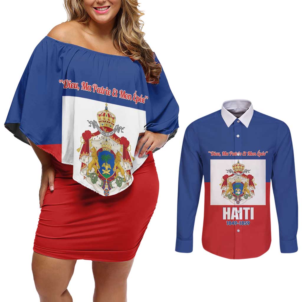 Personalised Second Empire of Haiti 1849-1859 Couples Matching Off Shoulder Short Dress and Long Sleeve Button Shirt Anpi an Ayiti Flag Style