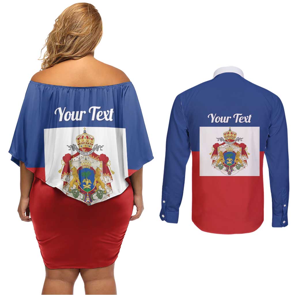 Personalised Second Empire of Haiti 1849-1859 Couples Matching Off Shoulder Short Dress and Long Sleeve Button Shirt Anpi an Ayiti Flag Style