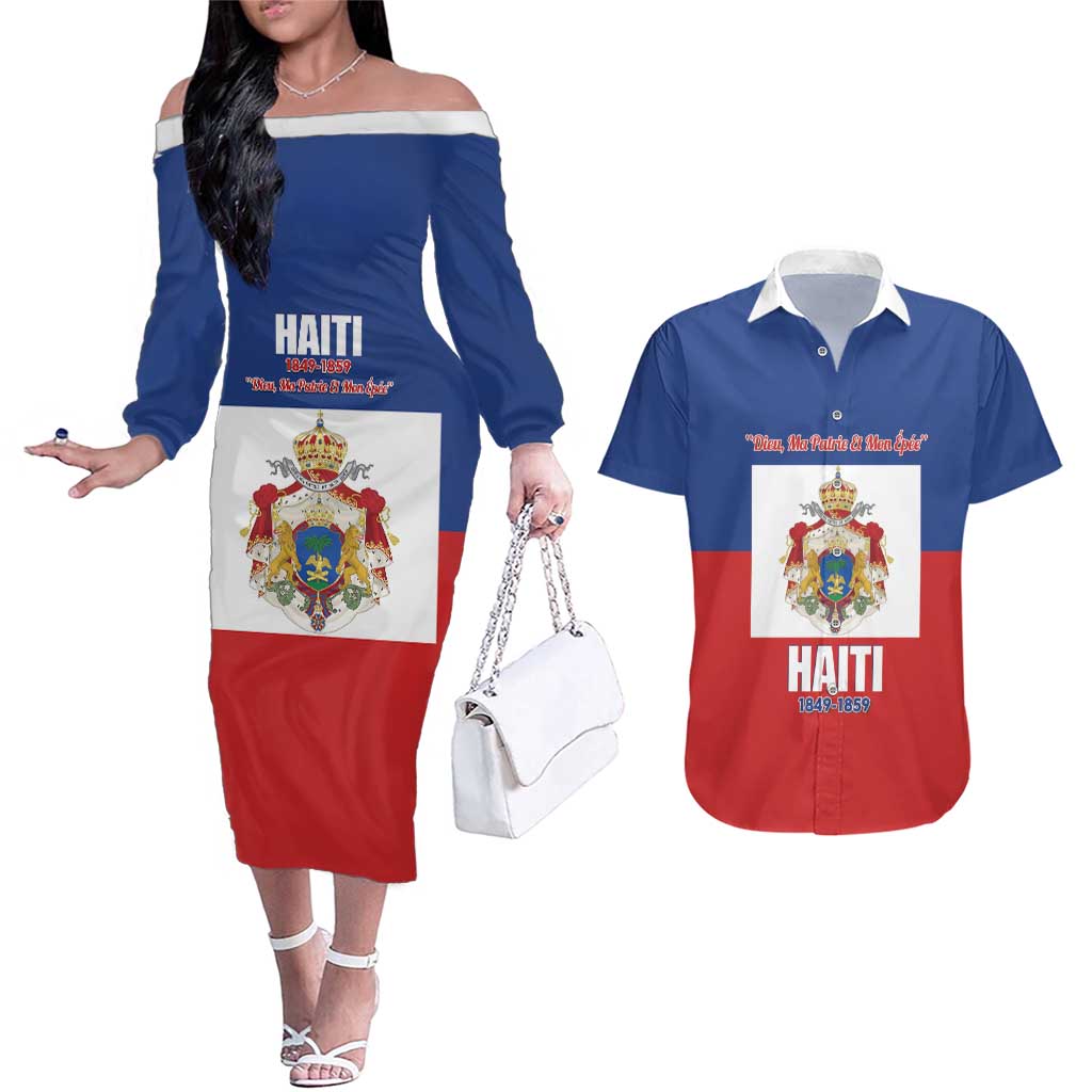 Personalised Second Empire of Haiti 1849-1859 Couples Matching Off The Shoulder Long Sleeve Dress and Hawaiian Shirt Anpi an Ayiti Flag Style