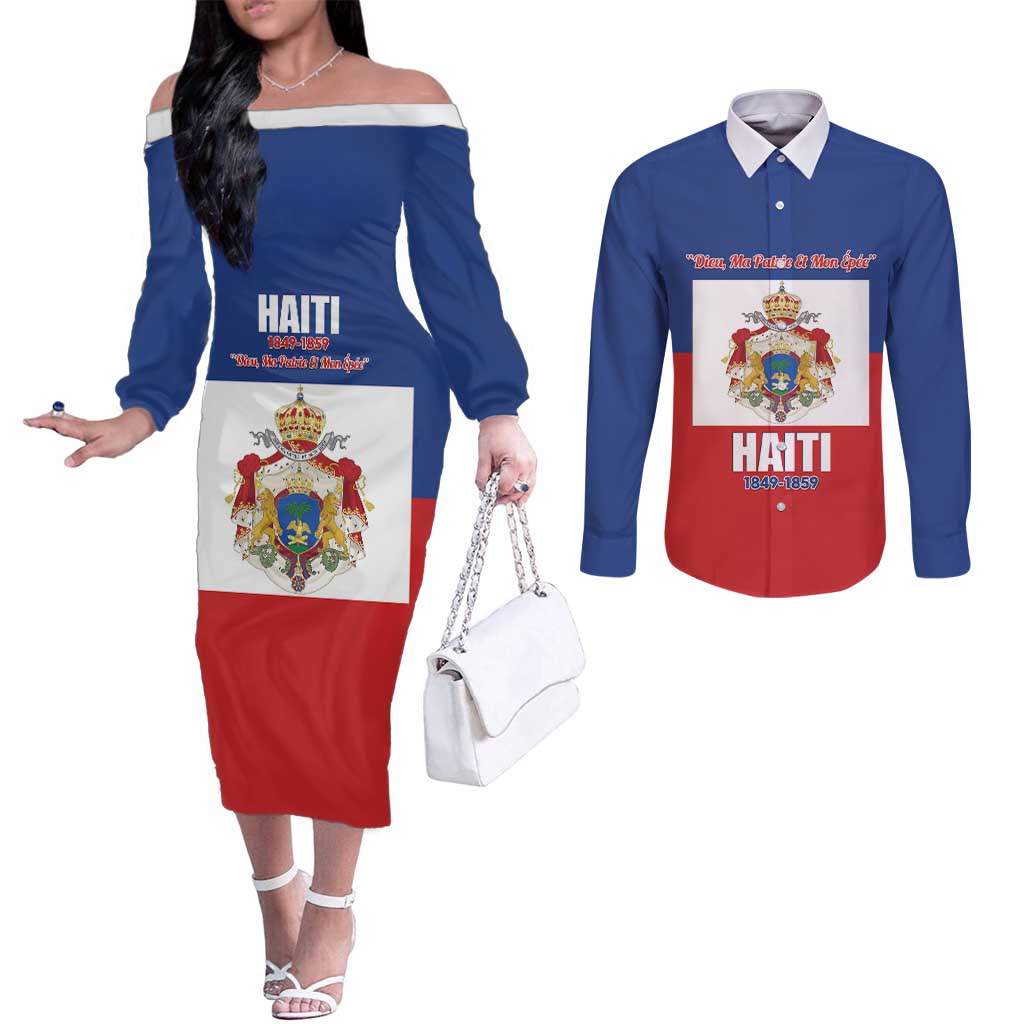 Personalised Second Empire of Haiti 1849-1859 Couples Matching Off The Shoulder Long Sleeve Dress and Long Sleeve Button Shirt Anpi an Ayiti Flag Style