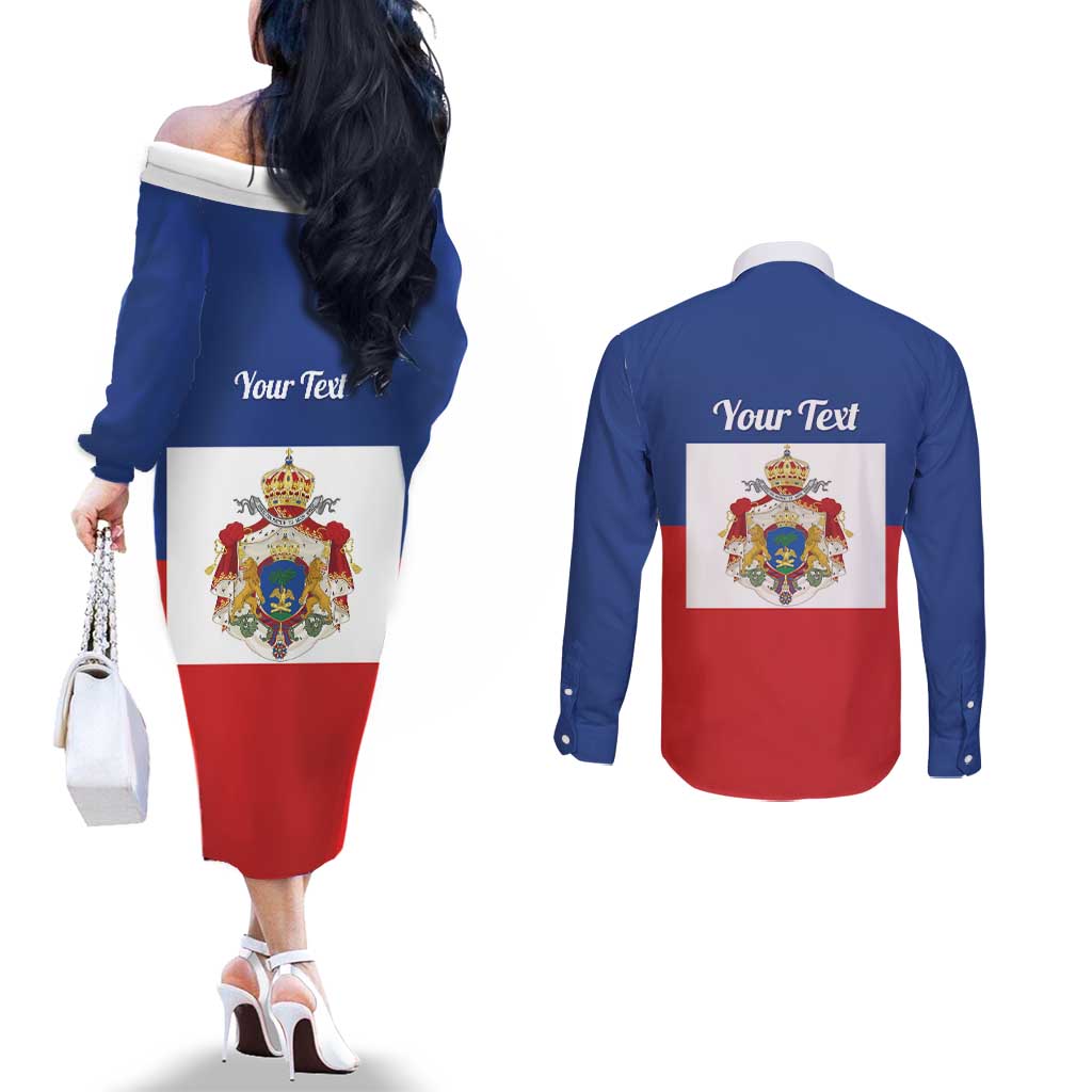 Personalised Second Empire of Haiti 1849-1859 Couples Matching Off The Shoulder Long Sleeve Dress and Long Sleeve Button Shirt Anpi an Ayiti Flag Style