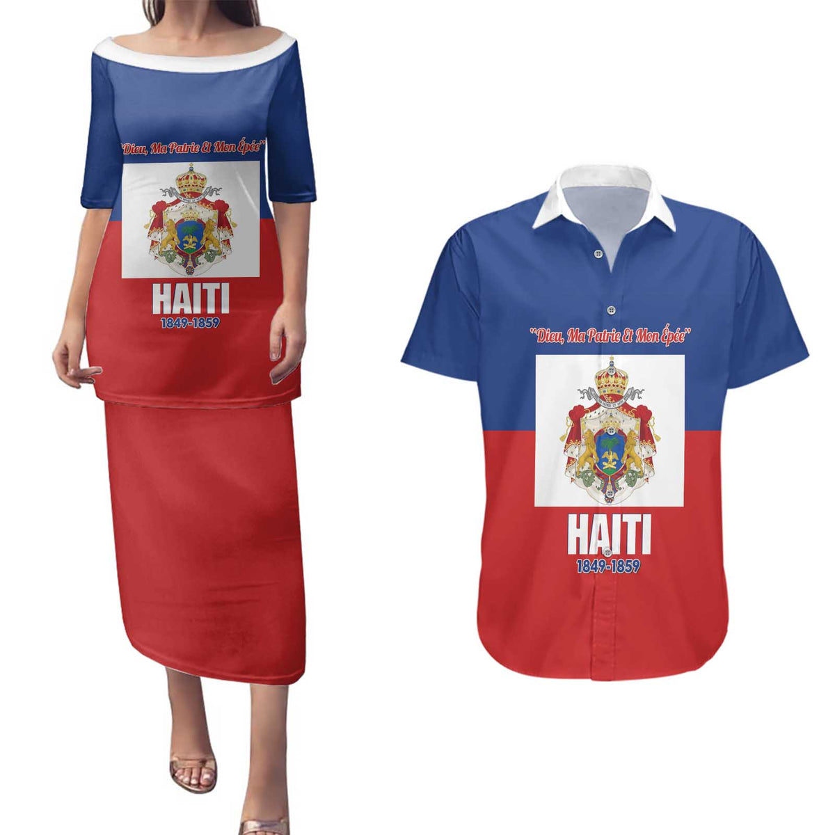 Personalised Second Empire of Haiti 1849-1859 Couples Matching Puletasi and Hawaiian Shirt Anpi an Ayiti Flag Style