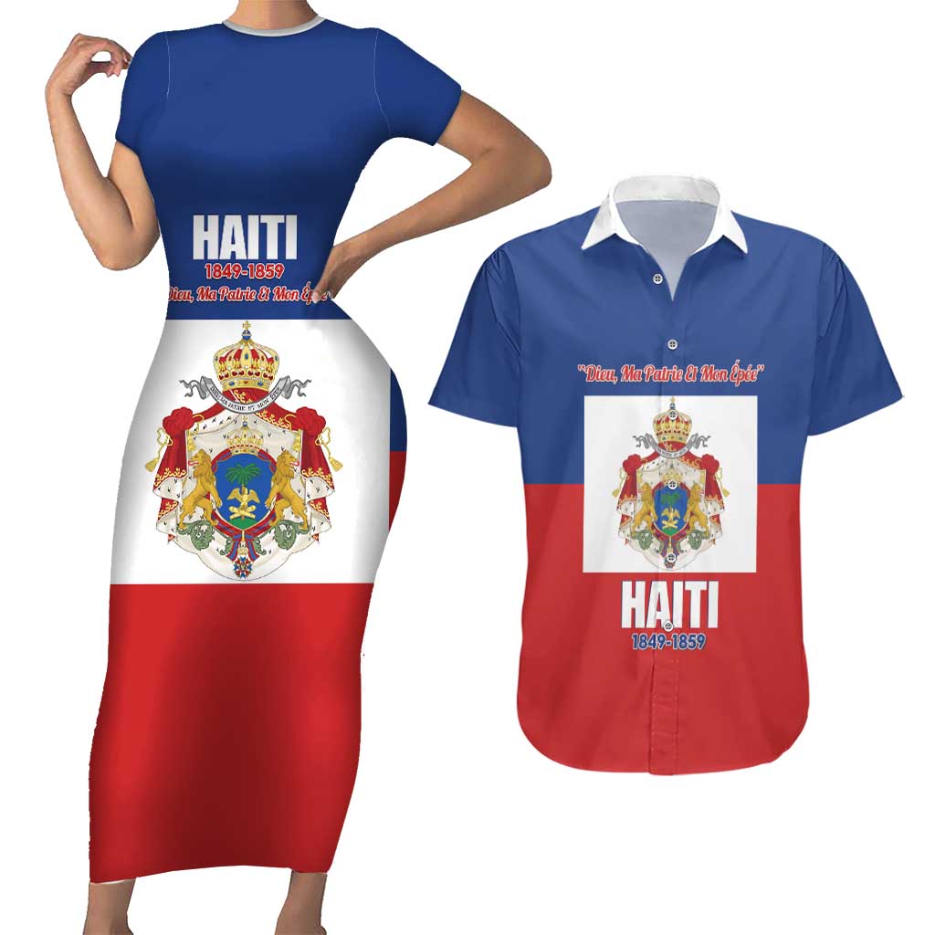 Personalised Second Empire of Haiti 1849-1859 Couples Matching Short Sleeve Bodycon Dress and Hawaiian Shirt Anpi an Ayiti Flag Style