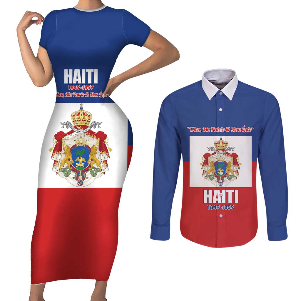 Personalised Second Empire of Haiti 1849-1859 Couples Matching Short Sleeve Bodycon Dress and Long Sleeve Button Shirt Anpi an Ayiti Flag Style