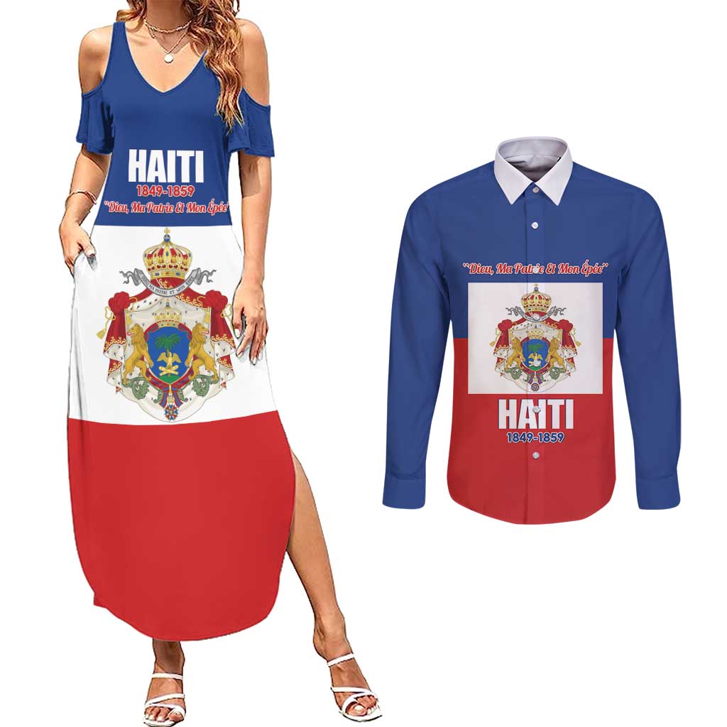 Personalised Second Empire of Haiti 1849-1859 Couples Matching Summer Maxi Dress and Long Sleeve Button Shirt Anpi an Ayiti Flag Style