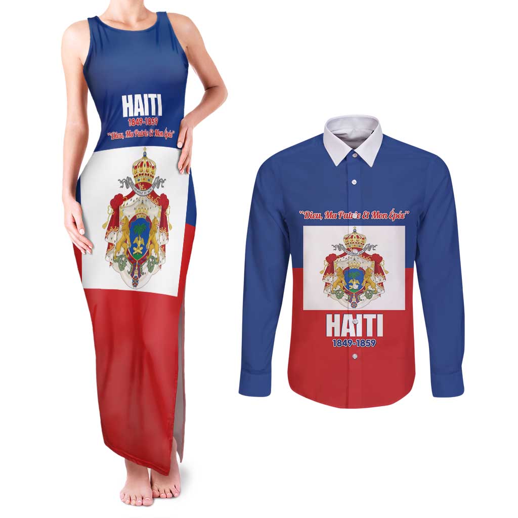 Personalised Second Empire of Haiti 1849-1859 Couples Matching Tank Maxi Dress and Long Sleeve Button Shirt Anpi an Ayiti Flag Style