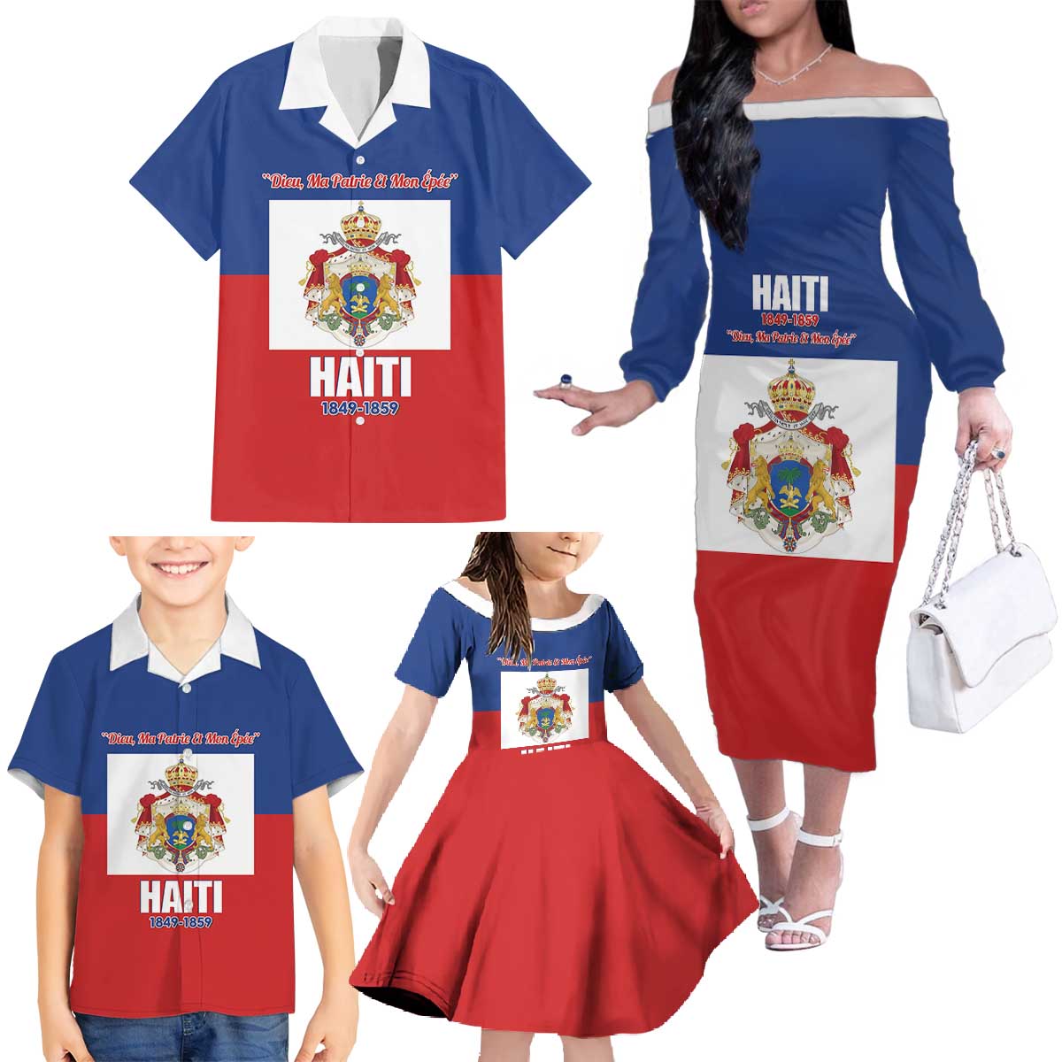 Personalised Second Empire of Haiti 1849-1859 Family Matching Off The Shoulder Long Sleeve Dress and Hawaiian Shirt Anpi an Ayiti Flag Style