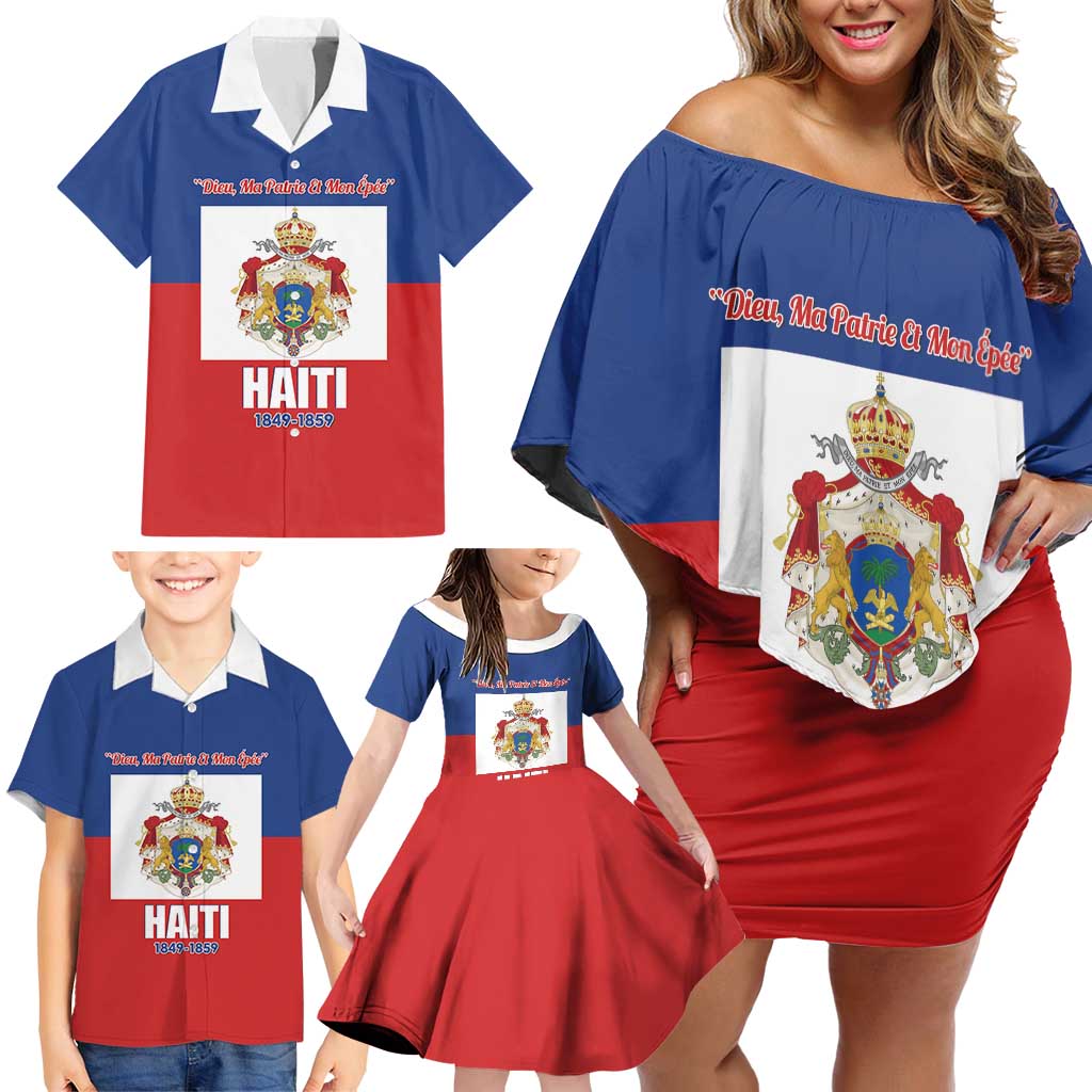 Personalised Second Empire of Haiti 1849-1859 Family Matching Off Shoulder Short Dress and Hawaiian Shirt Anpi an Ayiti Flag Style
