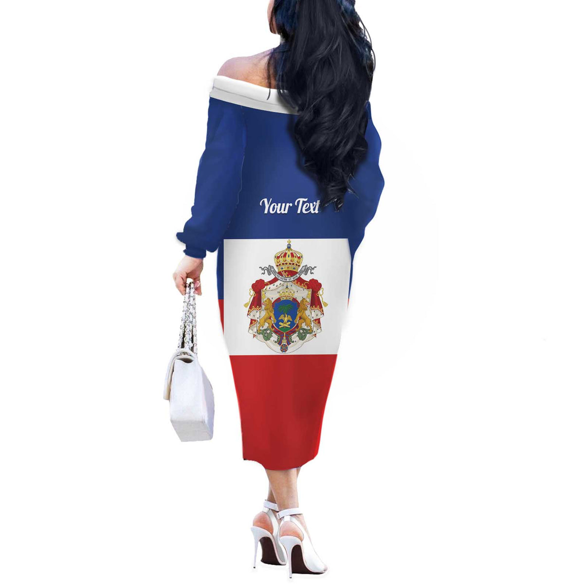 Personalised Second Empire of Haiti 1849-1859 Off The Shoulder Long Sleeve Dress Anpi an Ayiti Flag Style
