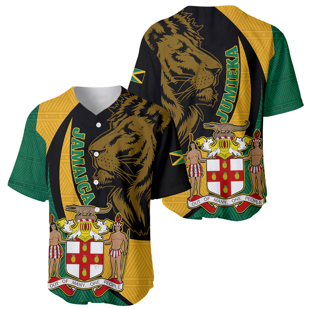 Jamaica Baseball Jersey Jumieka Coat Of Arms Lion Mix African Pattern - Wonder Print Shop