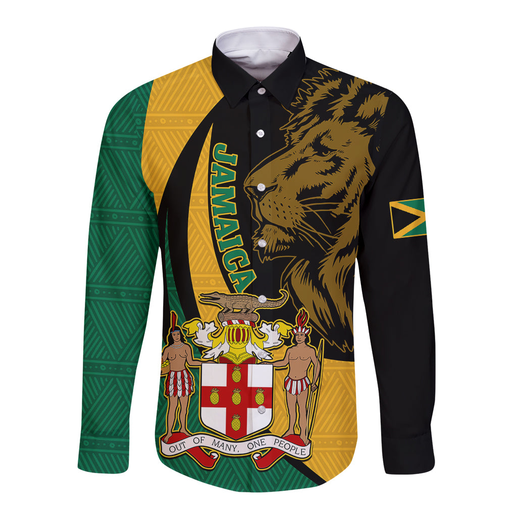 Jamaica Long Sleeve Button Shirt Jumieka Coat Of Arms Lion Mix African Pattern - Wonder Print Shop