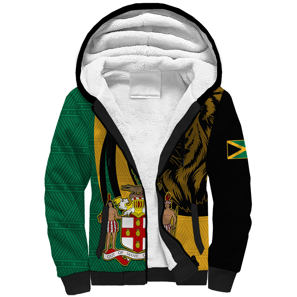 Jamaica Sherpa Hoodie Jumieka Coat Of Arms Lion Mix African Pattern - Wonder Print Shop