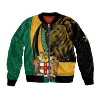 Jamaica Sleeve Zip Bomber Jacket Jumieka Coat Of Arms Lion Mix African Pattern - Wonder Print Shop