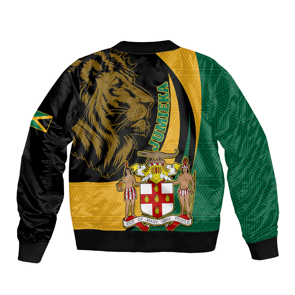 Jamaica Sleeve Zip Bomber Jacket Jumieka Coat Of Arms Lion Mix African Pattern - Wonder Print Shop