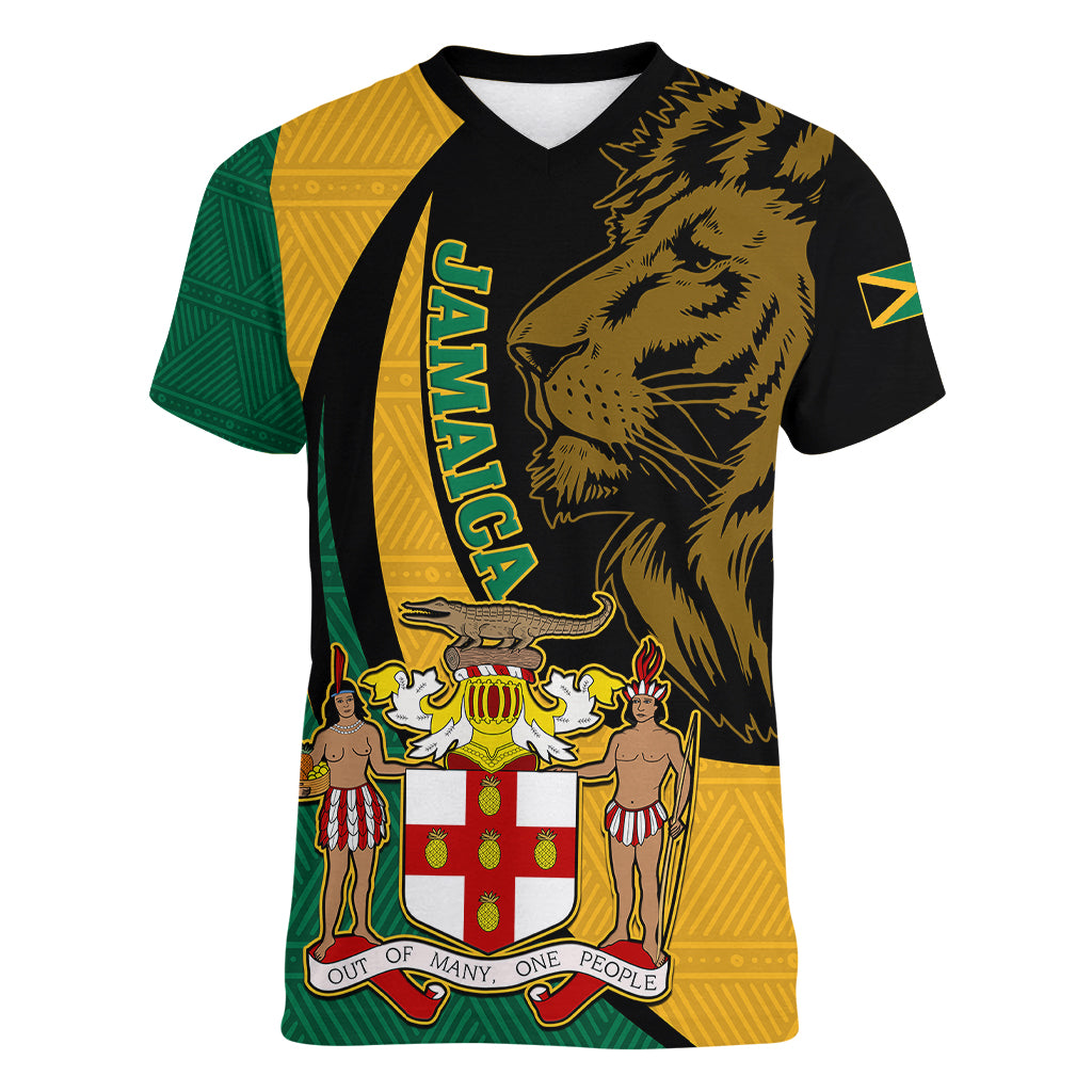 Jamaica Women V Neck T Shirt Jumieka Coat Of Arms Lion Mix African Pattern - Wonder Print Shop