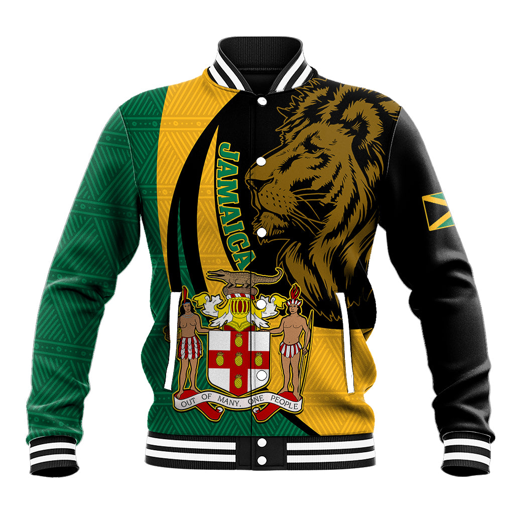 Personalised Jamaica Baseball Jacket Jumieka Coat Of Arms Lion Mix African Pattern - Wonder Print Shop