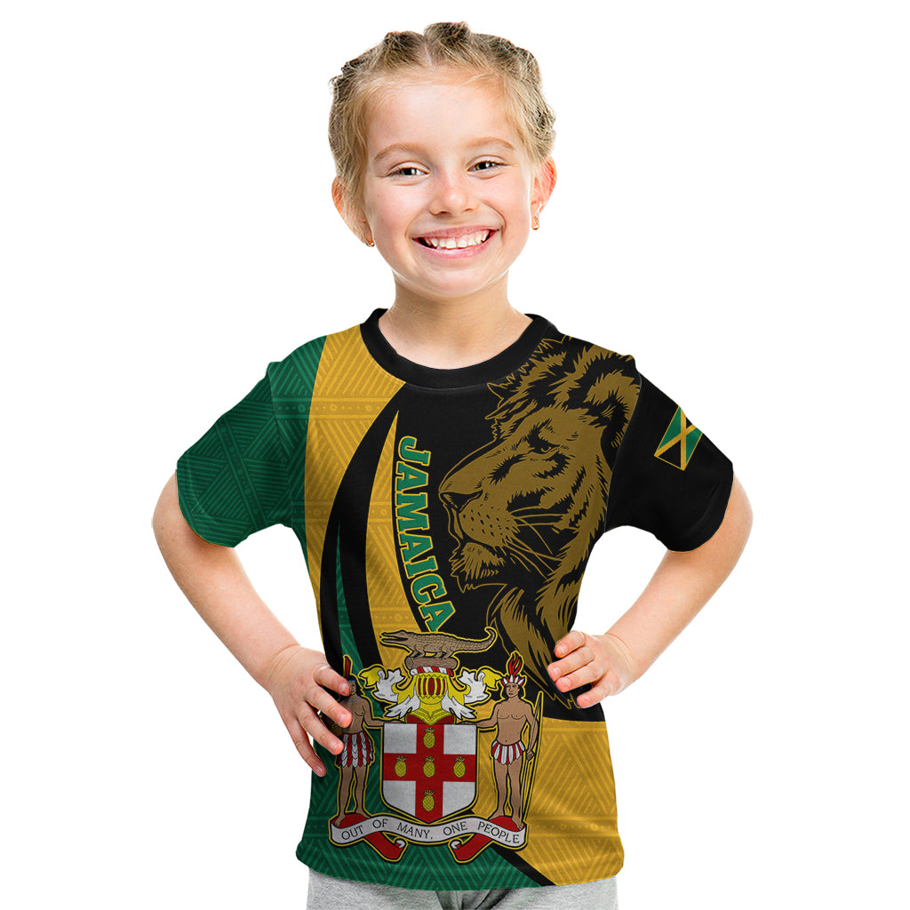 Personalised Jamaica Kid T Shirt Jumieka Coat Of Arms Lion Mix African Pattern - Wonder Print Shop