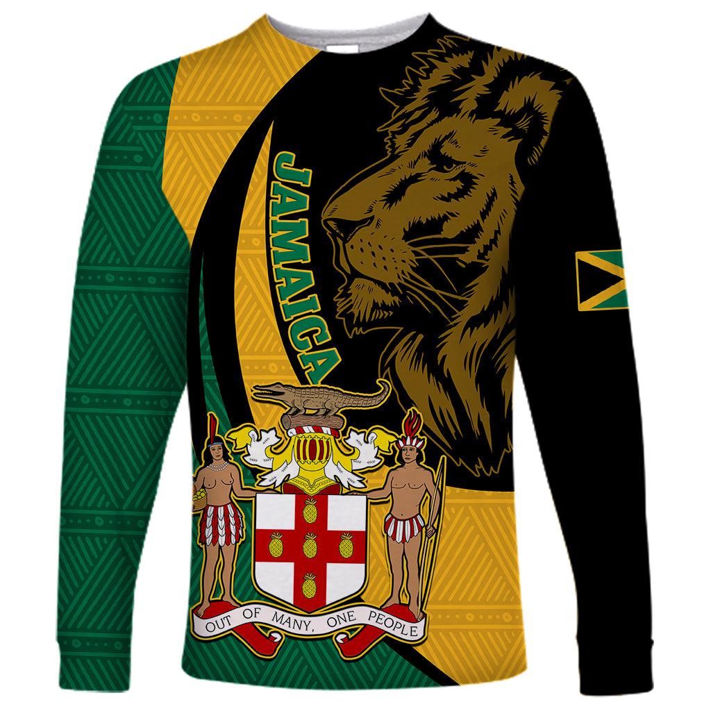 Personalised Jamaica Long Sleeve Shirt Jumieka Coat Of Arms Lion Mix African Pattern - Wonder Print Shop