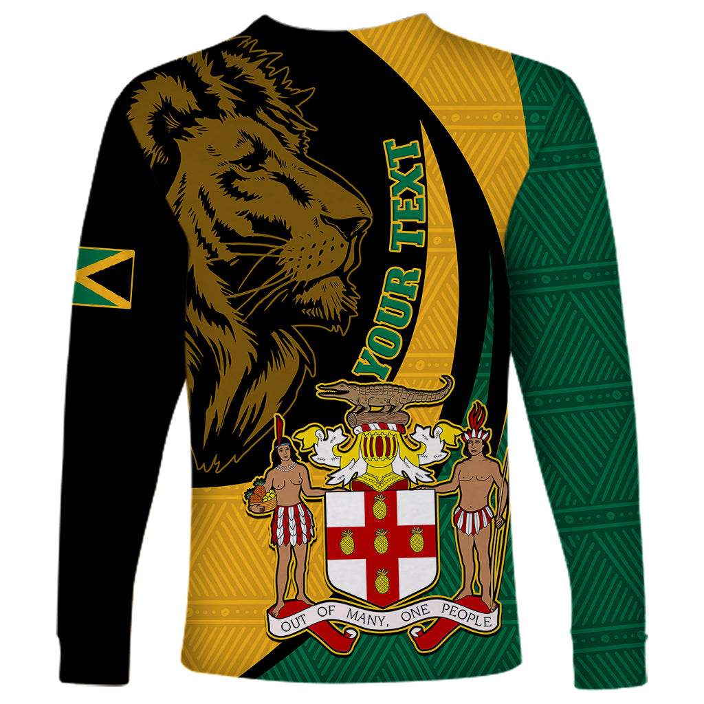 Personalised Jamaica Long Sleeve Shirt Jumieka Coat Of Arms Lion Mix African Pattern - Wonder Print Shop