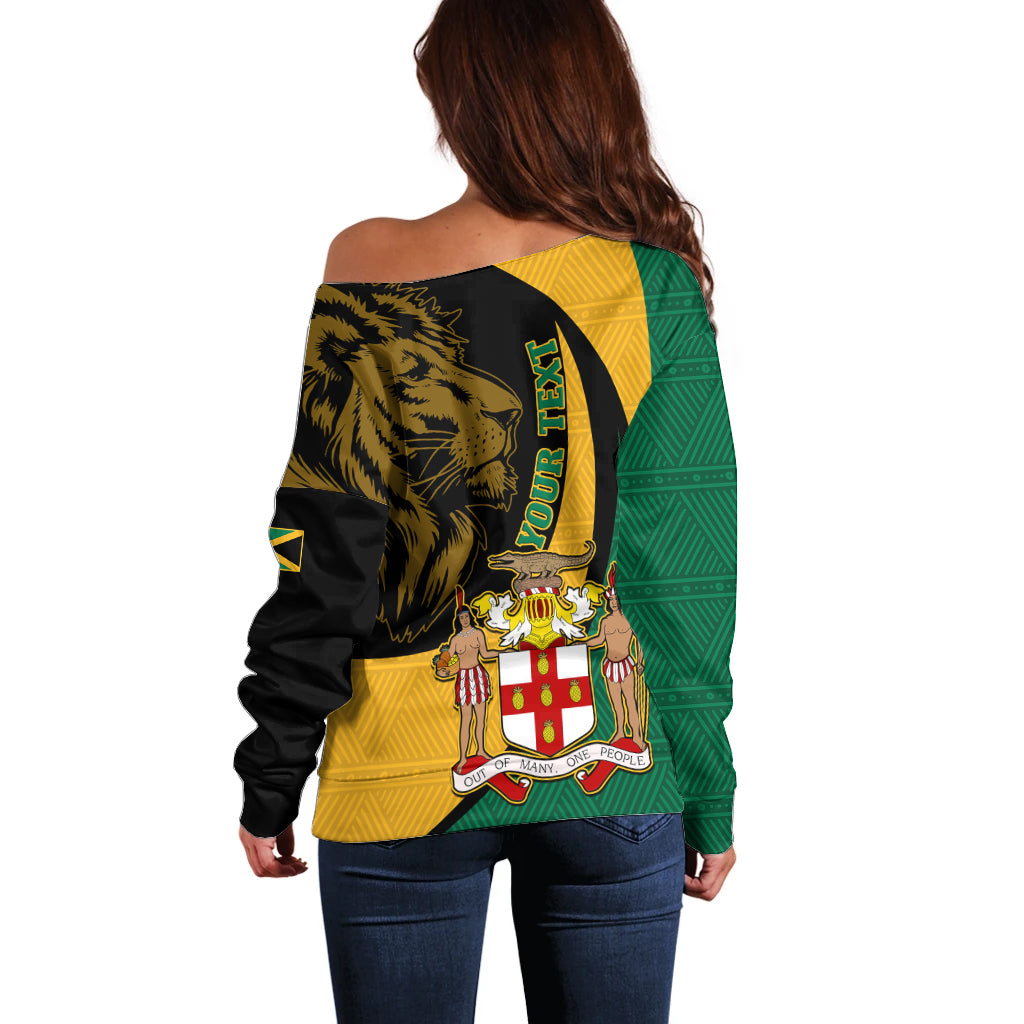 Personalised Jamaica Off Shoulder Sweater Jumieka Coat Of Arms Lion Mix African Pattern - Wonder Print Shop