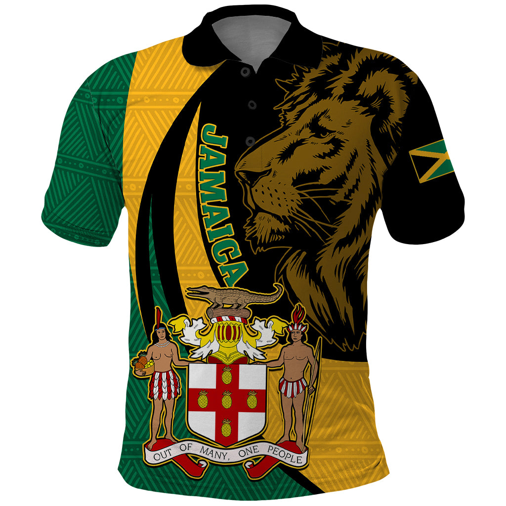 Personalised Jamaica Polo Shirt Jumieka Coat Of Arms Lion Mix African Pattern - Wonder Print Shop