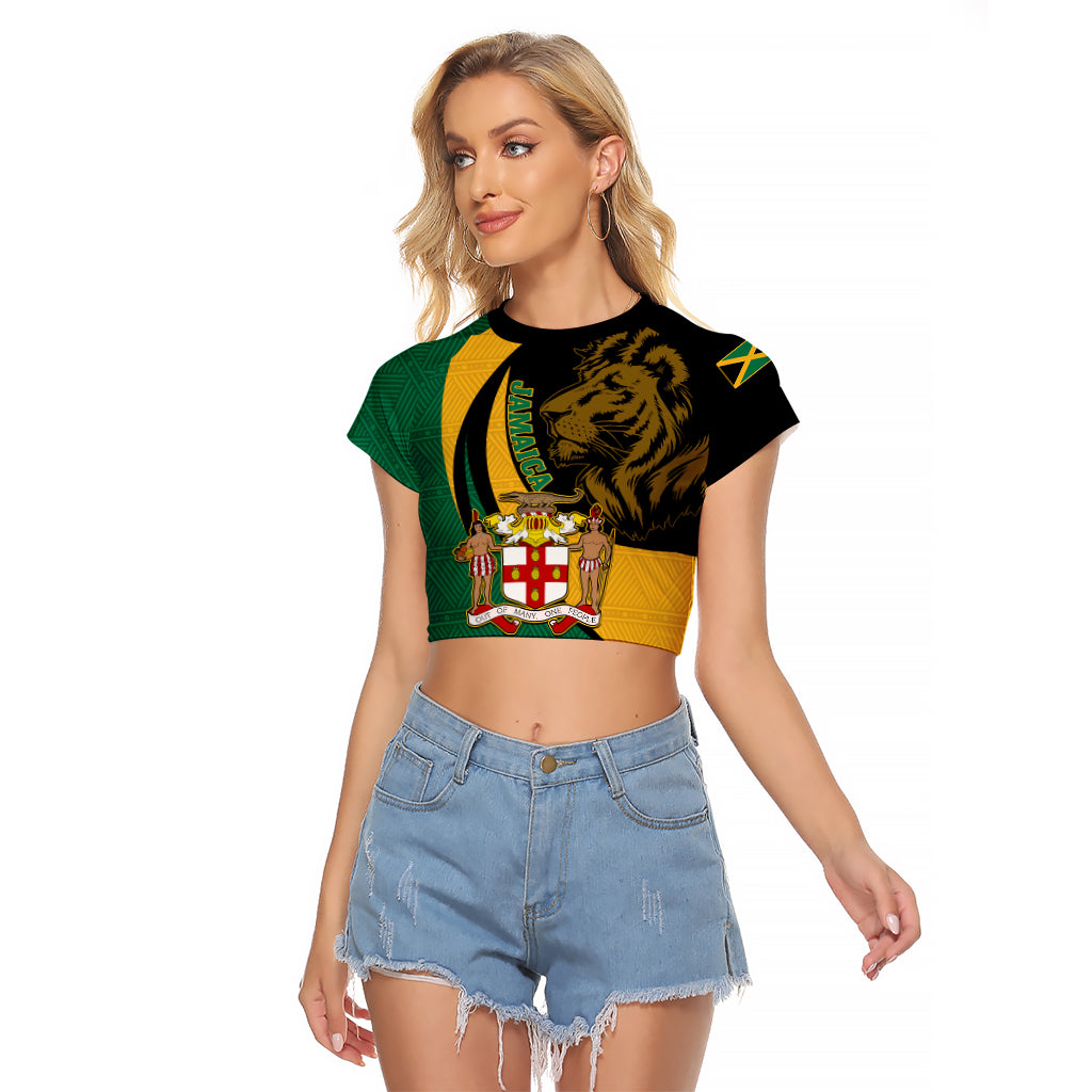 Personalised Jamaica Raglan Cropped T Shirt Jumieka Coat Of Arms Lion Mix African Pattern - Wonder Print Shop