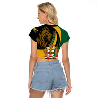 Personalised Jamaica Raglan Cropped T Shirt Jumieka Coat Of Arms Lion Mix African Pattern - Wonder Print Shop
