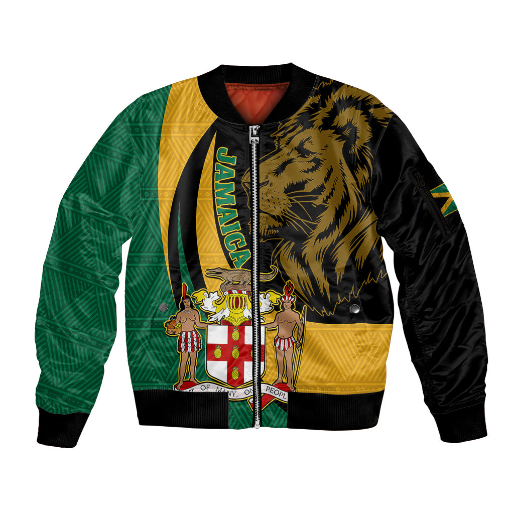 Personalised Jamaica Sleeve Zip Bomber Jacket Jumieka Coat Of Arms Lion Mix African Pattern - Wonder Print Shop