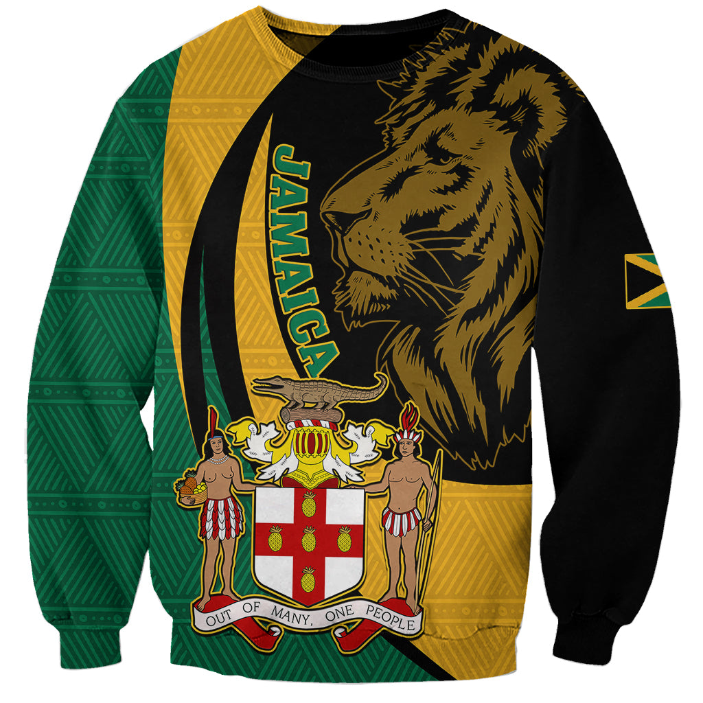 Personalised Jamaica Sweatshirt Jumieka Coat Of Arms Lion Mix African Pattern - Wonder Print Shop