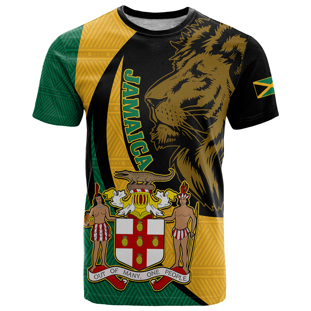 Personalised Jamaica T Shirt Jumieka Coat Of Arms Lion Mix African Pattern - Wonder Print Shop