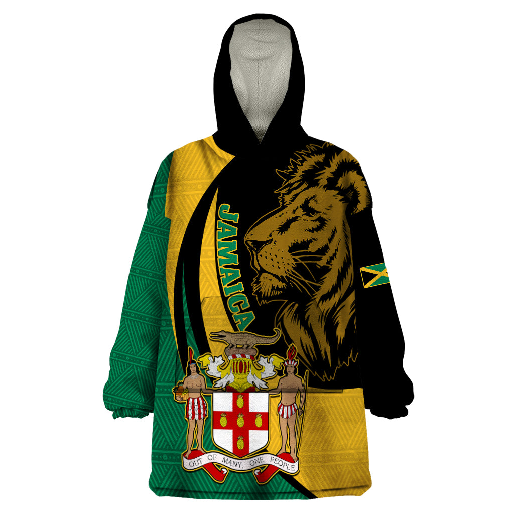 Personalised Jamaica Wearable Blanket Hoodie Jumieka Coat Of Arms Lion Mix African Pattern - Wonder Print Shop