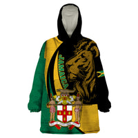 Personalised Jamaica Wearable Blanket Hoodie Jumieka Coat Of Arms Lion Mix African Pattern - Wonder Print Shop