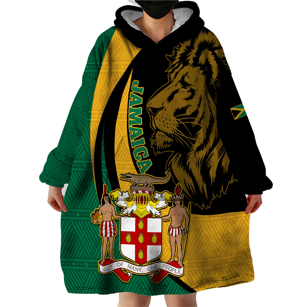 Personalised Jamaica Wearable Blanket Hoodie Jumieka Coat Of Arms Lion Mix African Pattern - Wonder Print Shop