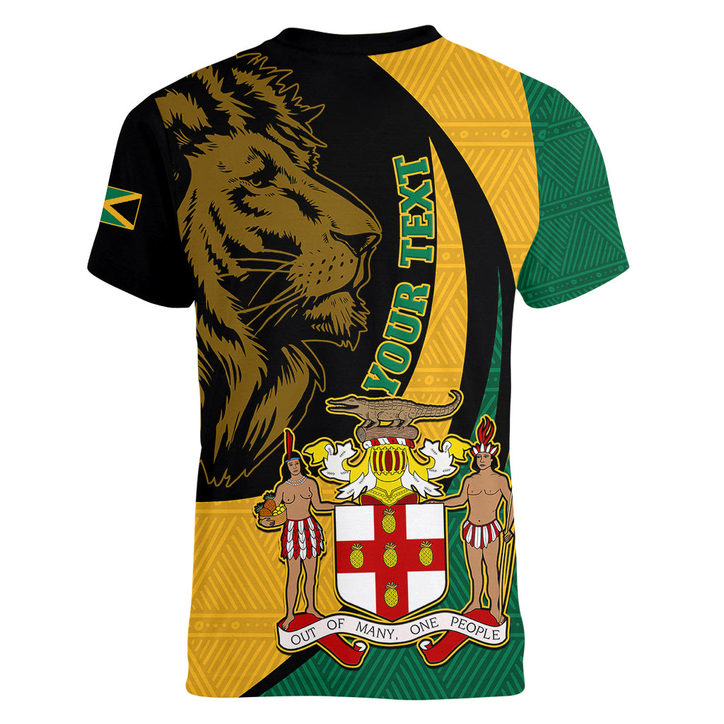 Personalised Jamaica Women V Neck T Shirt Jumieka Coat Of Arms Lion Mix African Pattern - Wonder Print Shop
