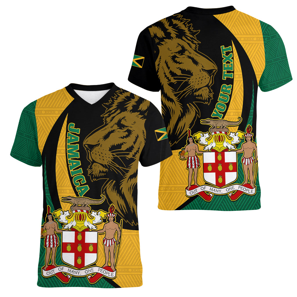 Personalised Jamaica Women V Neck T Shirt Jumieka Coat Of Arms Lion Mix African Pattern - Wonder Print Shop